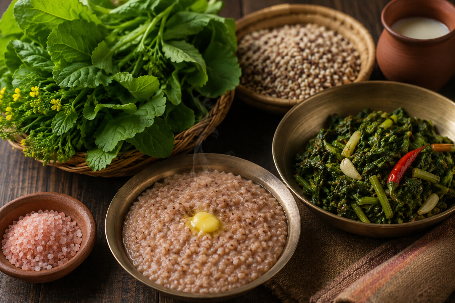 A Recipe for January: Terai Winter Greens with Buka Laal Namak and Heritage Grain Comfort Food